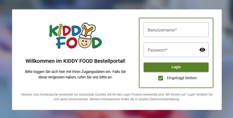 Kiddy Food Online-Bestellportal Anmeldeseite